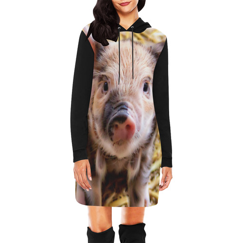 Photography - LITTLE CUTE SPOTTED PIGLET All Over Print Hoodie Mini Dress (Model H27)