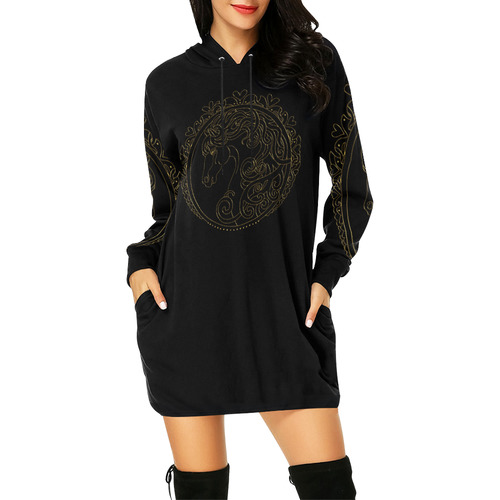 I Love Horses Contour Antique Gold All Over Print Hoodie Mini Dress (Model H27)