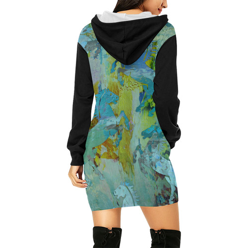 Rearing Horses grunge style painting All Over Print Hoodie Mini Dress (Model H27)