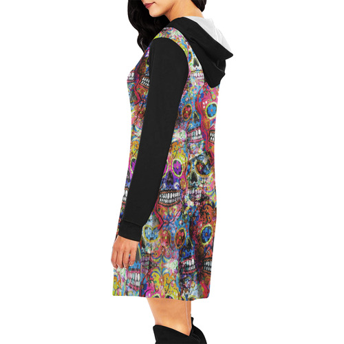 Colorfully Flower Power Skull Grunge Pattern All Over Print Hoodie Mini Dress (Model H27)