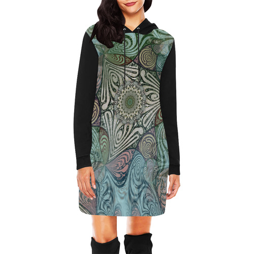 Labyrinth Mandala Blue Green Grey All Over Print Hoodie Mini Dress (Model H27)