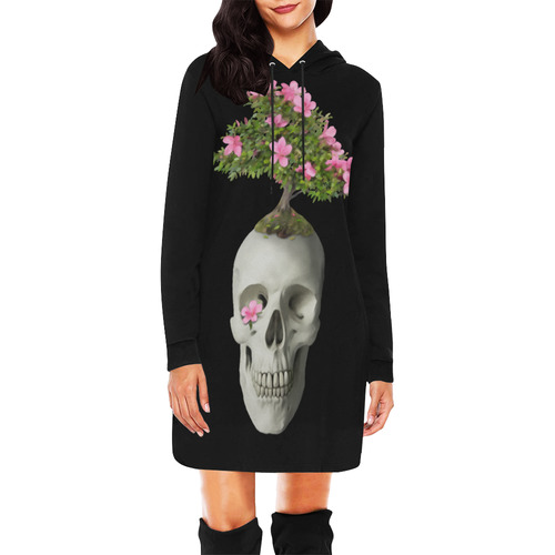 Bonsai Skull All Over Print Hoodie Mini Dress (Model H27)