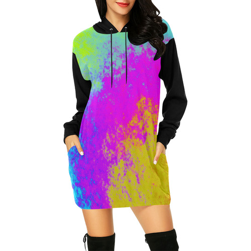 Grunge Radial Gradients Red Yellow Pink Cyan Green All Over Print Hoodie Mini Dress (Model H27)