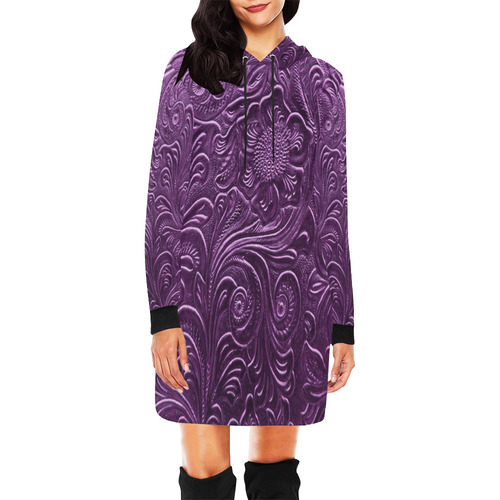 Embossed Purple Flowers All Over Print Hoodie Mini Dress (Model H27)