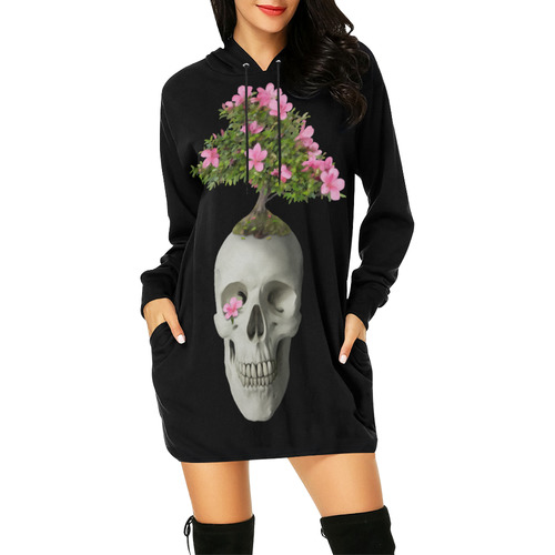 Bonsai Skull All Over Print Hoodie Mini Dress (Model H27)