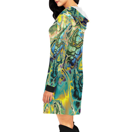 Flower Power Fractal Batik Teal Yellow Blue Salmon All Over Print Hoodie Mini Dress (Model H27)