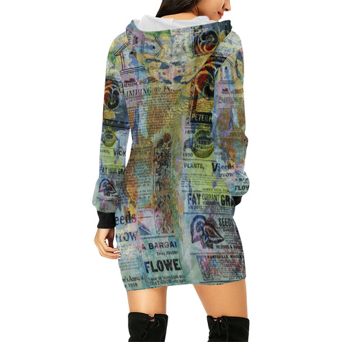 Old Newspaper Colorful Painting Splashes All Over Print Hoodie Mini Dress (Model H27)