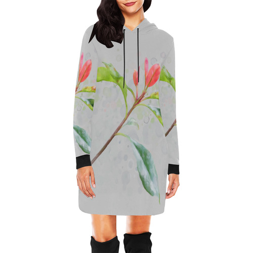 3 colors leaves, red blue green. Floral watercolor All Over Print Hoodie Mini Dress (Model H27)
