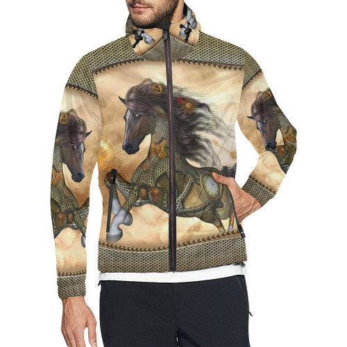 Aweseome steampunk horse, golden Unisex All Over Print Windbreaker (Model H23)