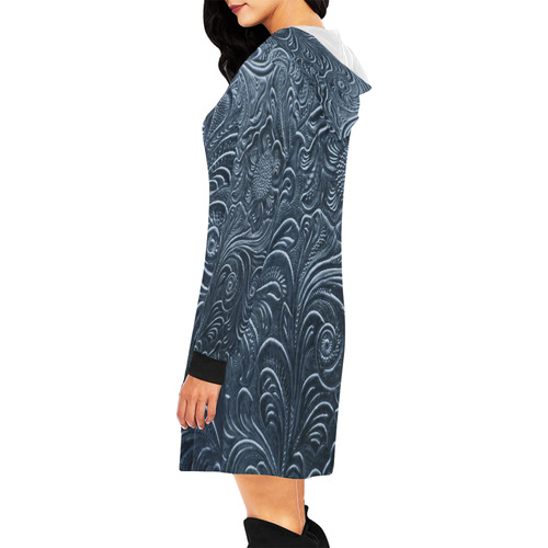 Embossed Blue Flowers All Over Print Hoodie Mini Dress (Model H27)