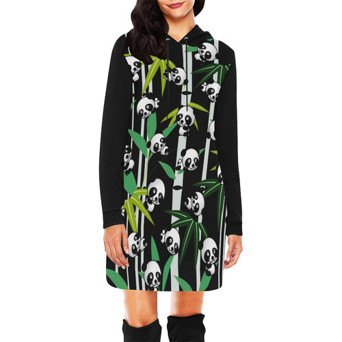 Satisfied and Happy Panda Babies on Bamboo All Over Print Hoodie Mini Dress (Model H27)