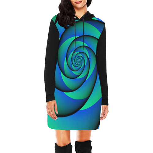 POWER SPIRAL - WAVES blue green All Over Print Hoodie Mini Dress (Model H27)