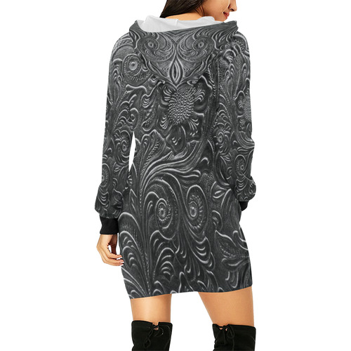 Embossed Silver Flowers All Over Print Hoodie Mini Dress (Model H27)