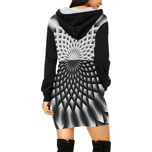 Lotus Flower Mandala Black Grey White All Over Print Hoodie Mini Dress (Model H27)