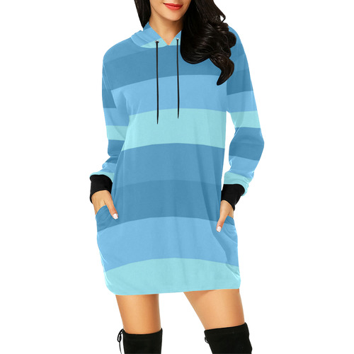 Shades Of Blue Stripes All Over Print Hoodie Mini Dress (Model H27)