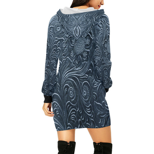 Embossed Blue Flowers All Over Print Hoodie Mini Dress (Model H27)