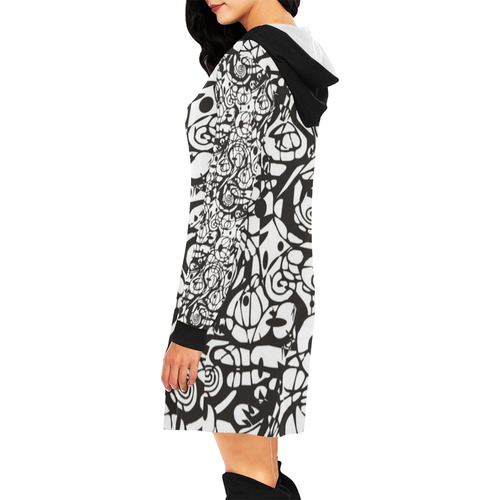 Crazy Spiral Shapes Pattern - Black White All Over Print Hoodie Mini Dress (Model H27)