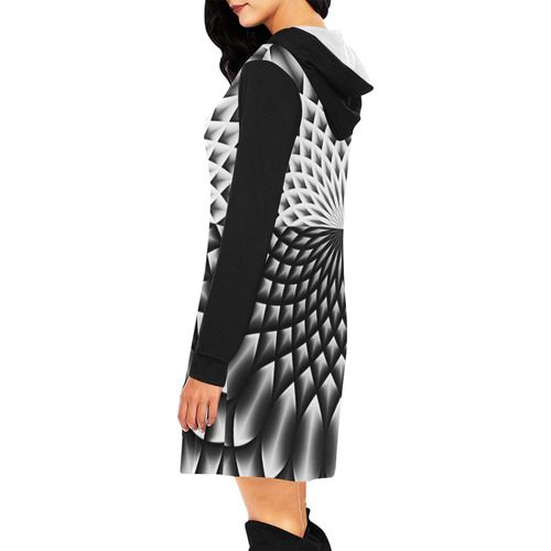 Lotus Flower Mandala Black Grey White All Over Print Hoodie Mini Dress (Model H27)