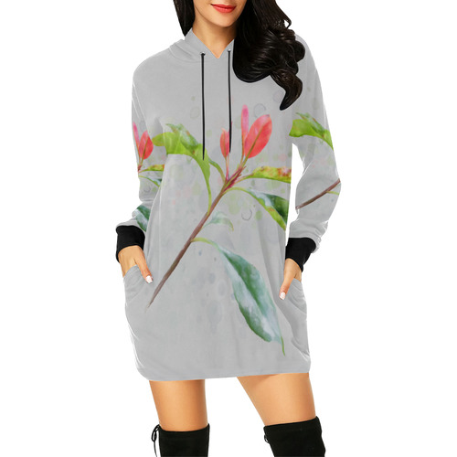 3 colors leaves, red blue green. Floral watercolor All Over Print Hoodie Mini Dress (Model H27)