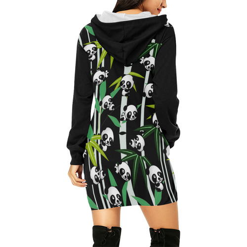 Satisfied and Happy Panda Babies on Bamboo All Over Print Hoodie Mini Dress (Model H27)