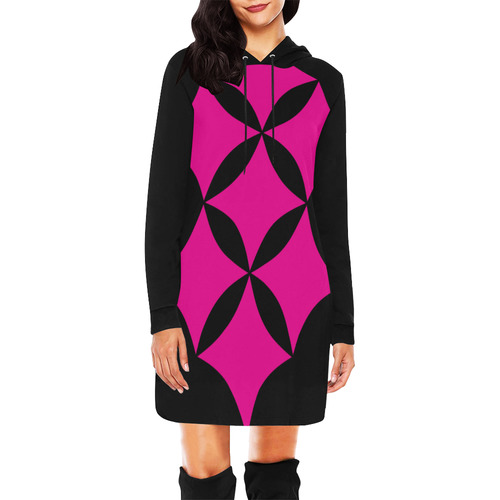 Black Background Curved Rhombuses Cut All Over Print Hoodie Mini Dress (Model H27)