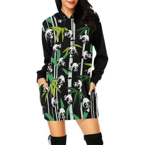 Satisfied and Happy Panda Babies on Bamboo All Over Print Hoodie Mini Dress (Model H27)