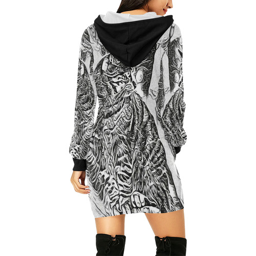 Black White Drawing of a CAT All Over Print Hoodie Mini Dress (Model H27)