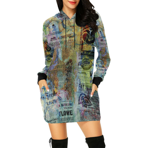 Old Newspaper Colorful Painting Splashes All Over Print Hoodie Mini Dress (Model H27)