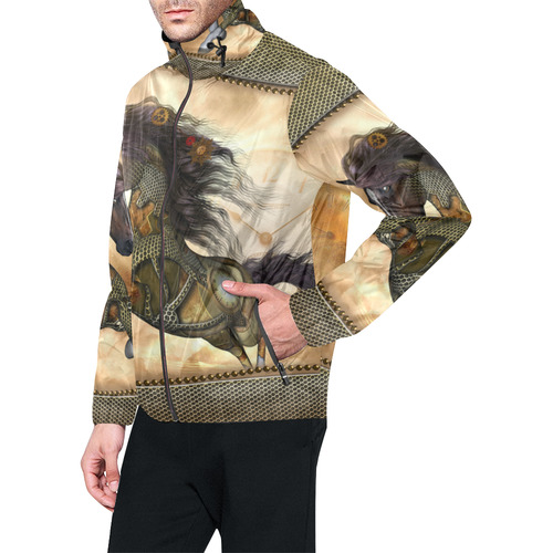 Aweseome steampunk horse, golden Unisex All Over Print Windbreaker (Model H23)