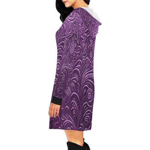 Embossed Purple Flowers All Over Print Hoodie Mini Dress (Model H27)