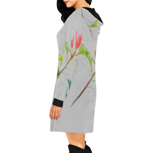 3 colors leaves, red blue green. Floral watercolor All Over Print Hoodie Mini Dress (Model H27)