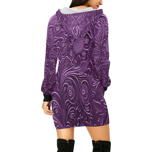 Embossed Purple Flowers All Over Print Hoodie Mini Dress (Model H27)