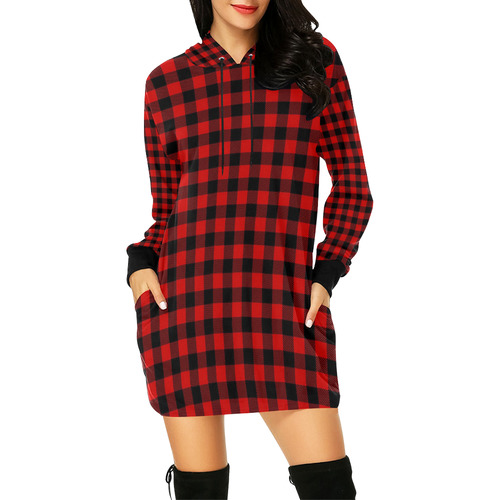 LUMBERJACK Squares Fabric - red black All Over Print Hoodie Mini Dress (Model H27)