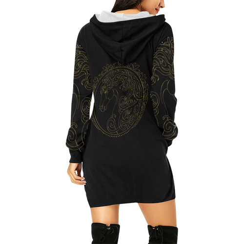 I Love Horses Contour Antique Gold All Over Print Hoodie Mini Dress (Model H27)