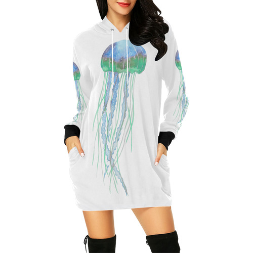 Watercolore JELLY FISH Blue Lilac Green All Over Print Hoodie Mini Dress (Model H27)