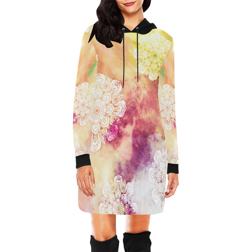 Watercolor LOTUS MANDALA Pattern - grunge style All Over Print Hoodie Mini Dress (Model H27)