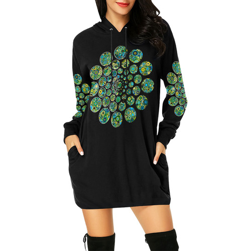 Flower Power CIRCLE Dots in Dots cyan yellow black All Over Print Hoodie Mini Dress (Model H27)