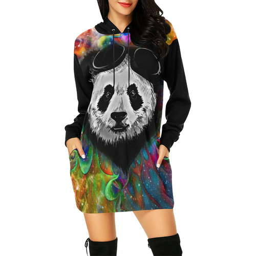 Psychedelic Flower Power Galaxy PANDA Painting All Over Print Hoodie Mini Dress (Model H27)
