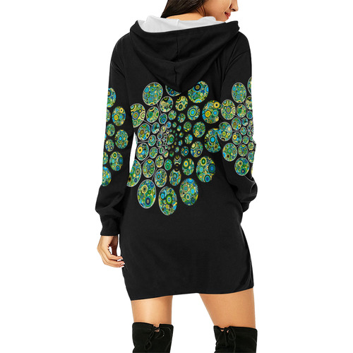 Flower Power CIRCLE Dots in Dots cyan yellow black All Over Print Hoodie Mini Dress (Model H27)