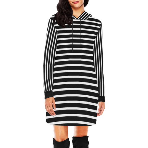 Narrow White Flat Stripes Pattern All Over Print Hoodie Mini Dress (Model H27)