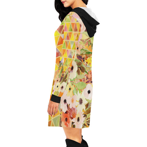 Watercolor Flowers Triangles Orange Yellow Green All Over Print Hoodie Mini Dress (Model H27)