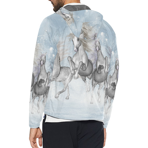 Awesome white wild horses Unisex All Over Print Windbreaker (Model H23)