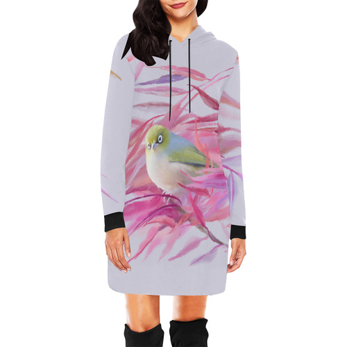 Cute little SilverEye, angry bird watercolor All Over Print Hoodie Mini Dress (Model H27)