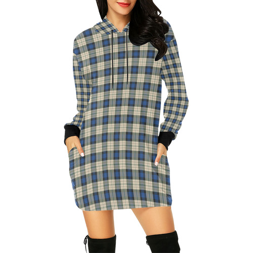 Classic Tartan Squares Fabric - blue beige All Over Print Hoodie Mini Dress (Model H27)