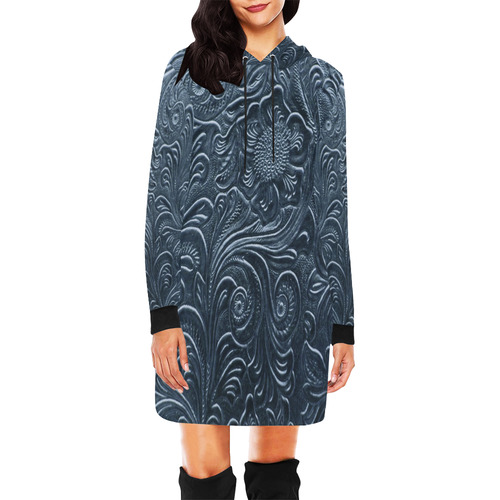 Embossed Blue Flowers All Over Print Hoodie Mini Dress (Model H27)