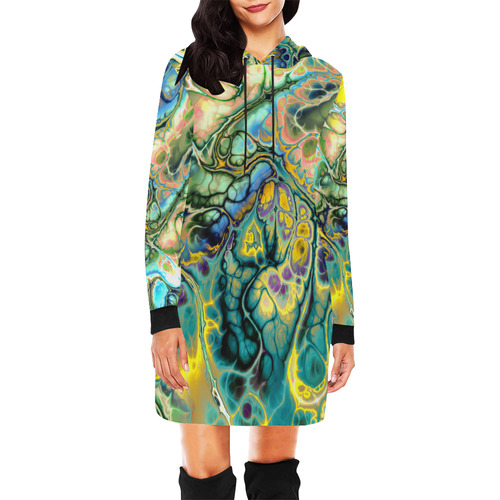 Flower Power Fractal Batik Teal Yellow Blue Salmon All Over Print Hoodie Mini Dress (Model H27)