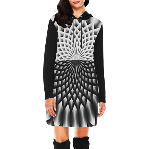 Lotus Flower Mandala Black Grey White All Over Print Hoodie Mini Dress (Model H27)