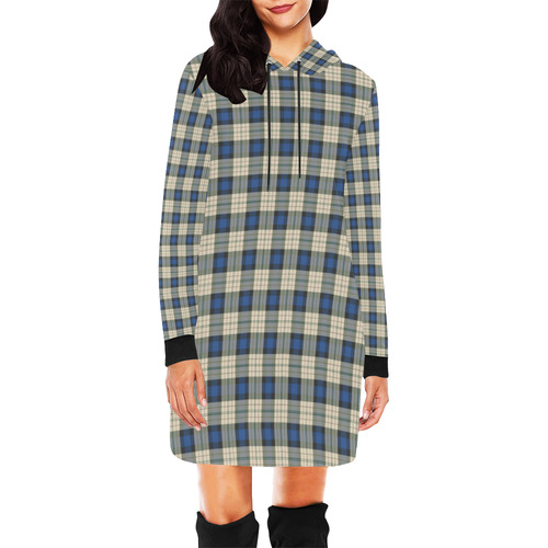 Classic Tartan Squares Fabric - blue beige All Over Print Hoodie Mini Dress (Model H27)