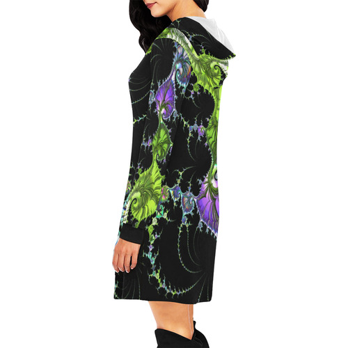 SPIRAL Filigree FRACTAL black green violet All Over Print Hoodie Mini Dress (Model H27)