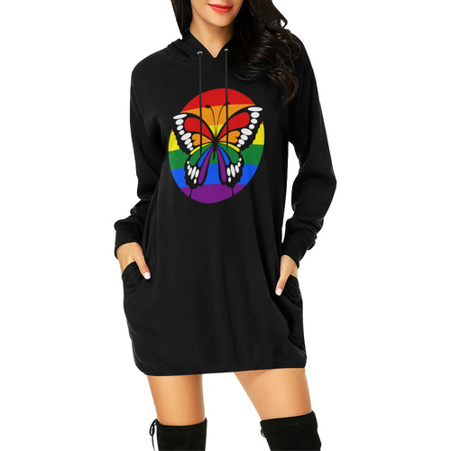 Dot Rainbow Flag Stripes Butterfly Silhouette All Over Print Hoodie Mini Dress (Model H27)